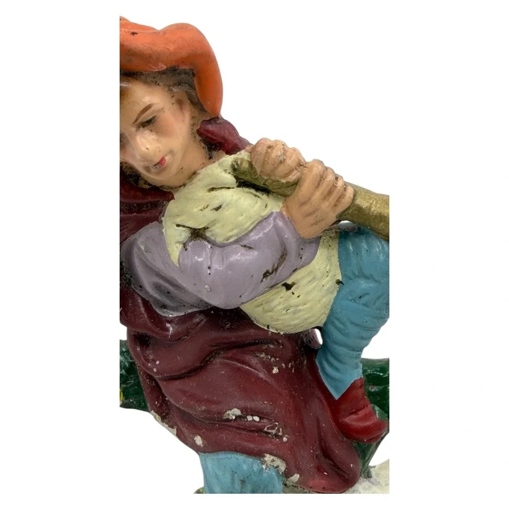 Vintage Nativity Shepherd Figurine‎ Playing Horn with Sheep Hand-Painted
